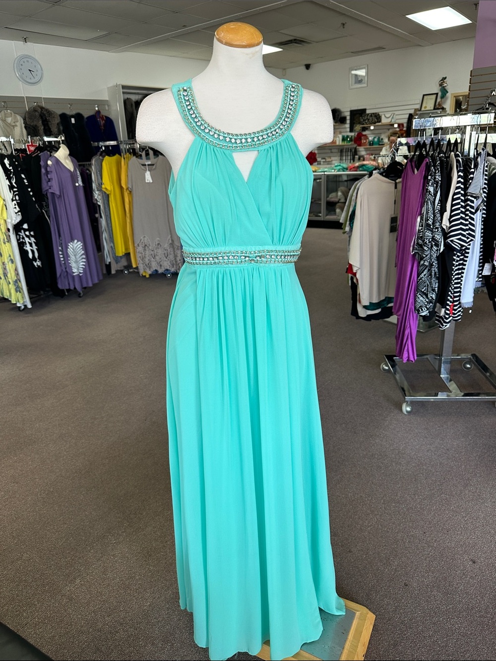 Beaded Aqua Sleeveless Maxi Dress with Embellished Waist size XL, L